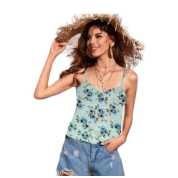 Kismet Light Teal Green Floral Keyhole Neck Camisole Tank Top size M - Picture 1 of 16